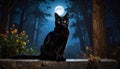 Dramatic Black Cat Portrait with Yellow Eyes Under a Bright Full Moon at Night. Royalty Free Stock Photo