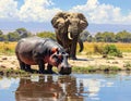 Wild hippopotamus drinking water from lake near african bush elephant on summer day Royalty Free Stock Photo