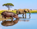 Wild hippopotamus drinking water from lake near african bush elephant on summer day Royalty Free Stock Photo