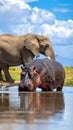 Wild hippopotamus drinking water from lake near african bush elephant on summer day Royalty Free Stock Photo