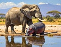 Wild hippopotamus drinking water from lake near african bush elephant on summer day Royalty Free Stock Photo
