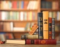Collection of different books against blurred background, space for text Royalty Free Stock Photo