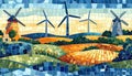 Mosaic Landscape with Windmills and Wind Turbines Royalty Free Stock Photo
