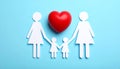 Paper family figures and red heart on light blue background, flat lay. Insurance Royalty Free Stock Photo