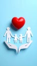Paper family figures and red heart on light blue background, flat lay. Insurance Royalty Free Stock Photo