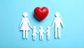 Paper family figures and red heart on light blue background, flat lay. Insurance Royalty Free Stock Photo