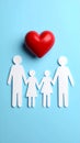 Paper family figures and red heart on light blue background, flat lay. Insurance Royalty Free Stock Photo