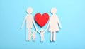 Paper family figures and red heart on light blue background, flat lay. Insurance Royalty Free Stock Photo