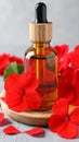 Bottle of geranium essential oil and beautiful flowers on light grey textured table Royalty Free Stock Photo
