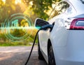 Modern electric car being charged at the outstation. Round pulse waves representing Royalty Free Stock Photo