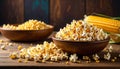 Delicious popcorn and corn kernels on a wooden table. Royalty Free Stock Photo