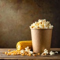 Delicious popcorn and corn kernels on a wooden table. Royalty Free Stock Photo