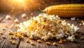 Delicious popcorn and corn kernels on a wooden table. Royalty Free Stock Photo