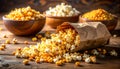 Delicious popcorn and corn kernels on a wooden table. Royalty Free Stock Photo