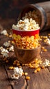 Delicious popcorn and corn kernels on a wooden table. Royalty Free Stock Photo