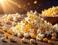 Delicious popcorn and corn kernels on a wooden table. Royalty Free Stock Photo
