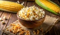 Delicious popcorn and corn kernels on a wooden table. Royalty Free Stock Photo