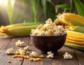 Delicious popcorn and corn kernels on a wooden table. Royalty Free Stock Photo