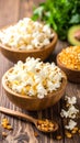 Delicious popcorn and corn kernels on a wooden table. Royalty Free Stock Photo