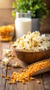 Delicious popcorn and corn kernels on a wooden table. Royalty Free Stock Photo