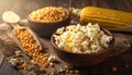 Delicious popcorn and corn kernels on a wooden table. Royalty Free Stock Photo