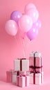 Many gift boxes and balloons near bright pink background Royalty Free Stock Photo