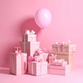Many gift boxes and balloons near bright pink background Royalty Free Stock Photo