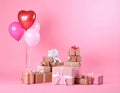 Many gift boxes and balloons near bright pink background Royalty Free Stock Photo