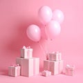 Many gift boxes and balloons near bright pink background Royalty Free Stock Photo