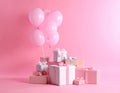 Many gift boxes and balloons near bright pink background Royalty Free Stock Photo