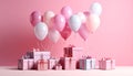 Many gift boxes and balloons near bright pink background Royalty Free Stock Photo