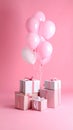 Many gift boxes and balloons near bright pink background Royalty Free Stock Photo