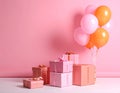 Many gift boxes and balloons near bright pink background Royalty Free Stock Photo