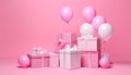 Many gift boxes and balloons near bright pink background Royalty Free Stock Photo
