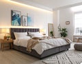 Stylish modern room interior with comfortable double bed Royalty Free Stock Photo