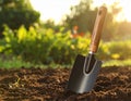 Shovel in soil outdoors, space for text. Gardening tool Royalty Free Stock Photo