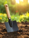 Shovel in soil outdoors, space for text. Gardening tool Royalty Free Stock Photo