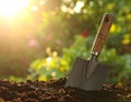 Shovel in soil outdoors, space for text. Gardening tool Royalty Free Stock Photo