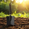 Shovel in soil outdoors, space for text. Gardening tool Royalty Free Stock Photo