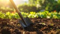 Shovel in soil outdoors, space for text. Gardening tool Royalty Free Stock Photo