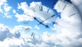 Time concept. Double exposure of blue sky with fluffy clouds and clock Royalty Free Stock Photo