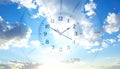 Time concept. Double exposure of blue sky with fluffy clouds and clock Royalty Free Stock Photo