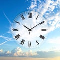 Time concept. Double exposure of blue sky with fluffy clouds and clock Royalty Free Stock Photo