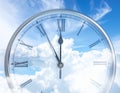 Time concept. Double exposure of blue sky with fluffy clouds and clock Royalty Free Stock Photo