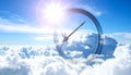 Time concept. Double exposure of blue sky with fluffy clouds and clock Royalty Free Stock Photo