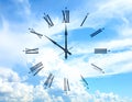 Time concept. Double exposure of blue sky with fluffy clouds and clock Royalty Free Stock Photo