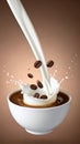 Coffee and milk flow with beans falling into a bowl on a brown gradient background. Royalty Free Stock Photo