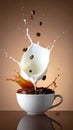 Coffee and milk flow with beans falling into a bowl on a brown gradient background. Royalty Free Stock Photo