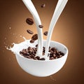 Coffee and milk flow with beans falling into a bowl on a brown gradient background. Royalty Free Stock Photo