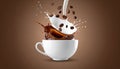 Coffee and milk flow with beans falling into a bowl on a brown gradient background. Royalty Free Stock Photo